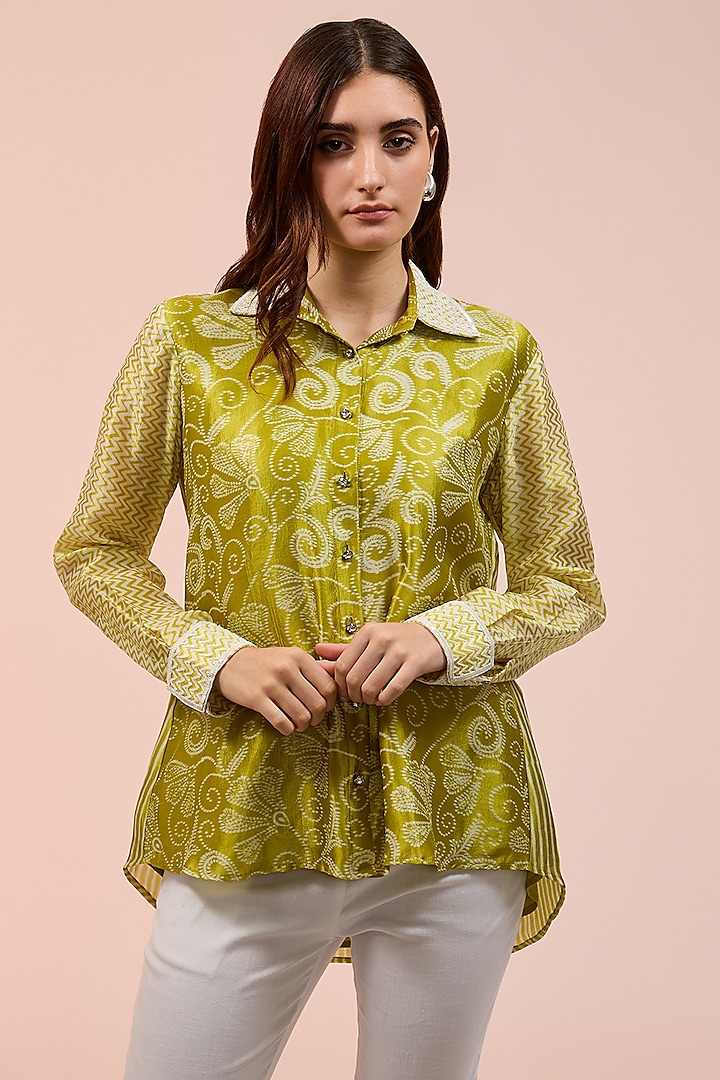 Green Kora Silk Block Printed Shirt by Prisha's at Pernia's Pop Up Shop