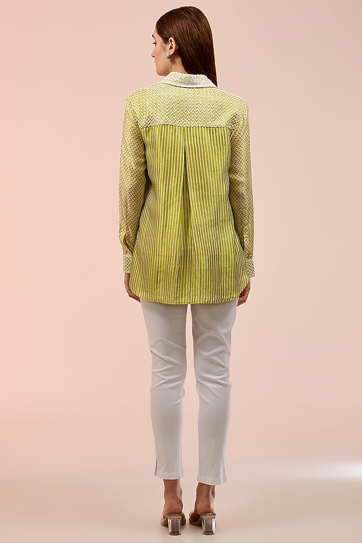 Green Kora Silk Block Printed Shirt by Prisha's at Pernia's Pop Up Shop