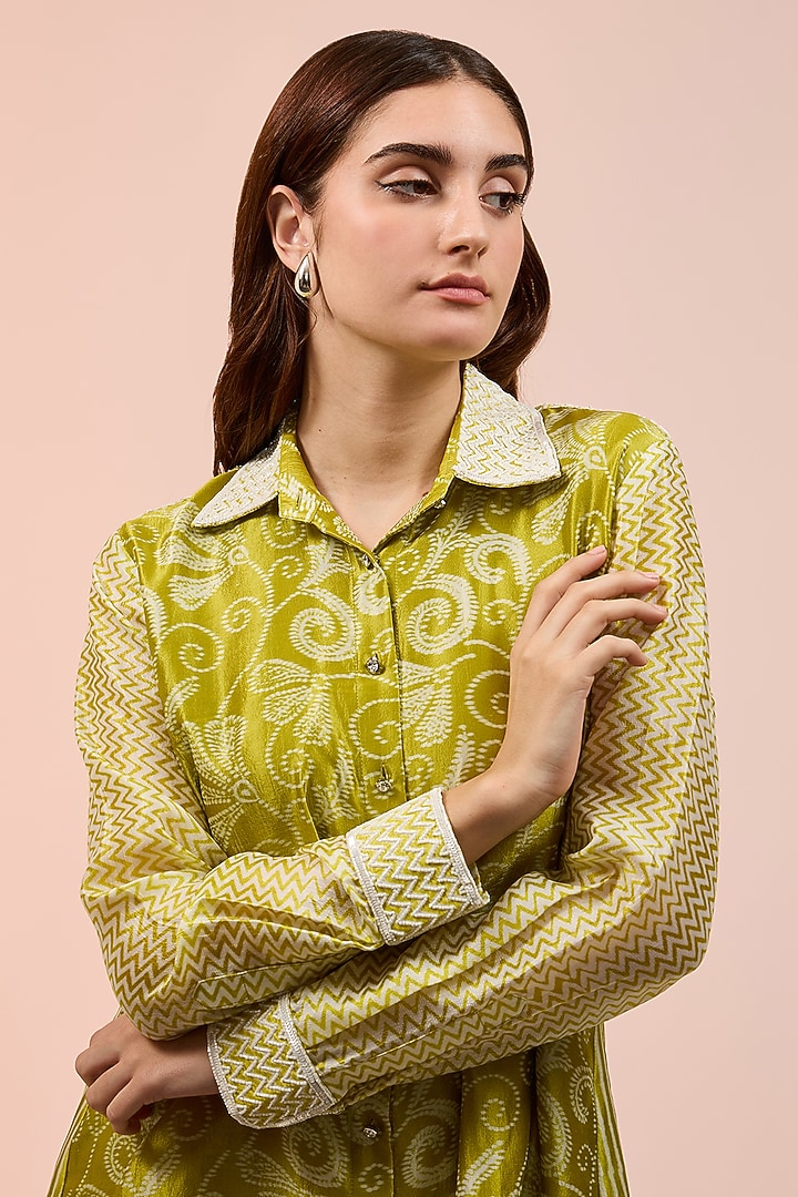 Green Kora Silk Block Printed Shirt by Prisha's at Pernia's Pop Up Shop