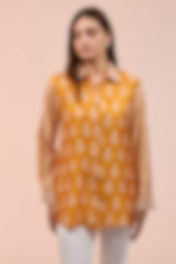 Orange Kora Silk Floral Block Printed Shirt by Prisha's at Pernia's Pop Up Shop