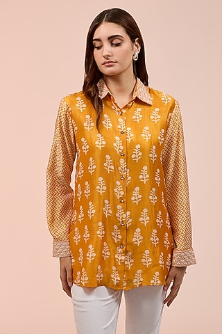 Orange Kora Silk Floral Block Printed Shirt by Prisha's