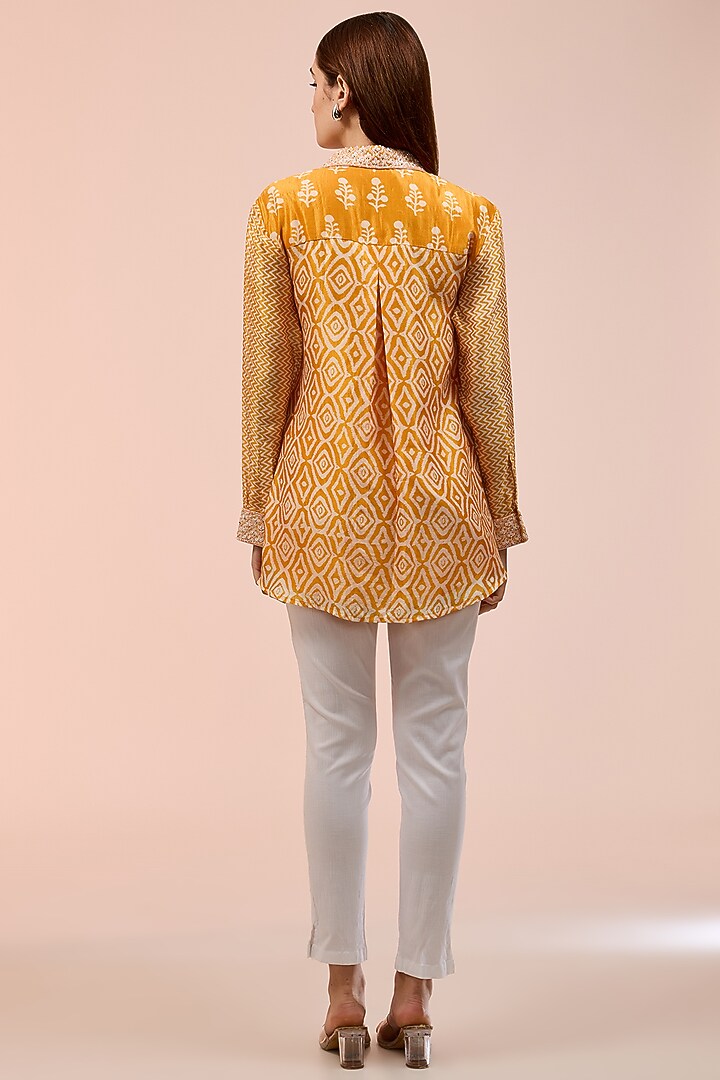 Orange Kora Silk Floral Block Printed Shirt by Prisha's at Pernia's Pop Up Shop