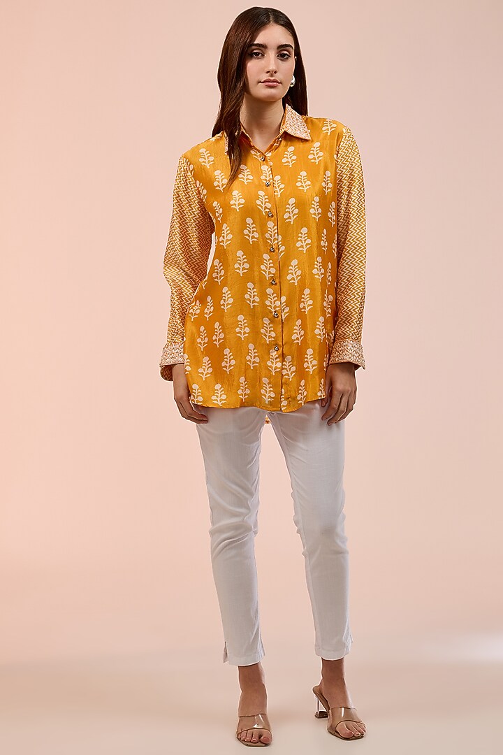 Orange Kora Silk Floral Block Printed Shirt by Prisha's at Pernia's Pop Up Shop