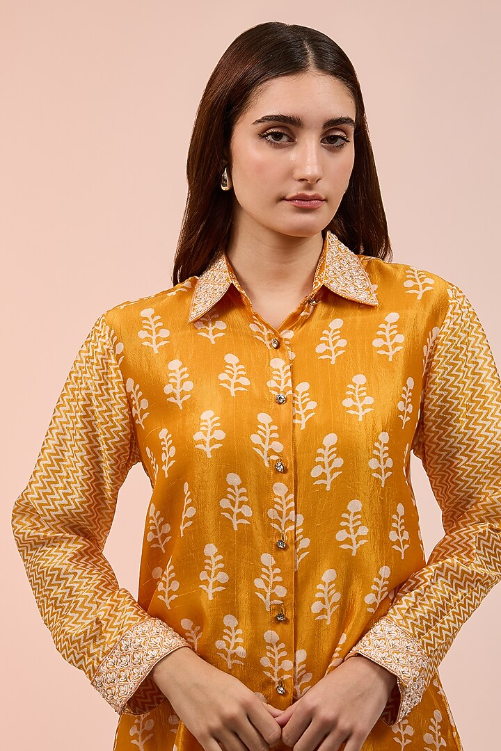 Orange Kora Silk Floral Block Printed Shirt by Prisha's at Pernia's Pop Up Shop