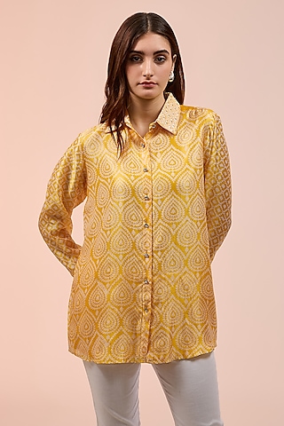 Yellow Kora Silk Floral Block Printed Shirt by Prisha's