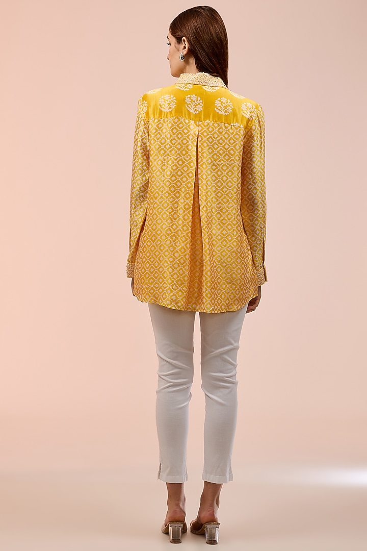 Yellow Kora Silk Floral Block Printed Shirt by Prisha's at Pernia's Pop Up Shop