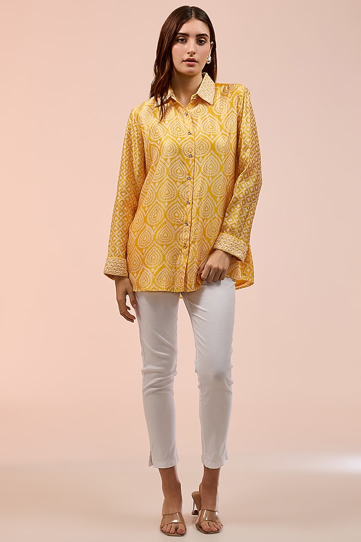 Yellow Kora Silk Floral Block Printed Shirt by Prisha's at Pernia's Pop Up Shop