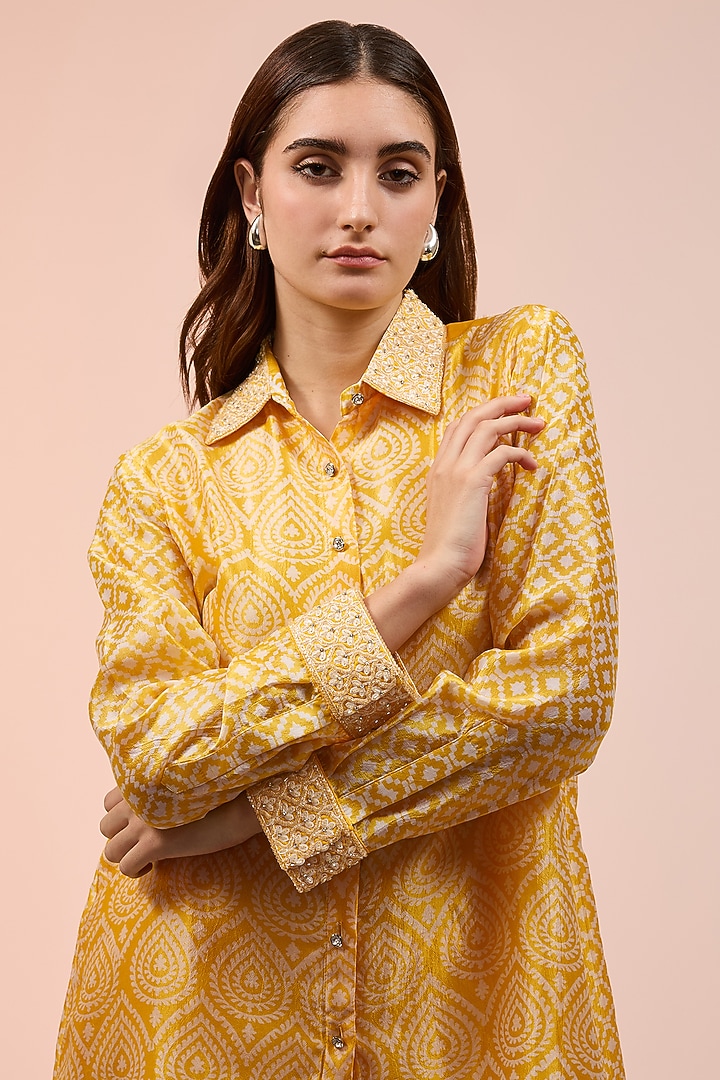 Yellow Kora Silk Floral Block Printed Shirt by Prisha's at Pernia's Pop Up Shop