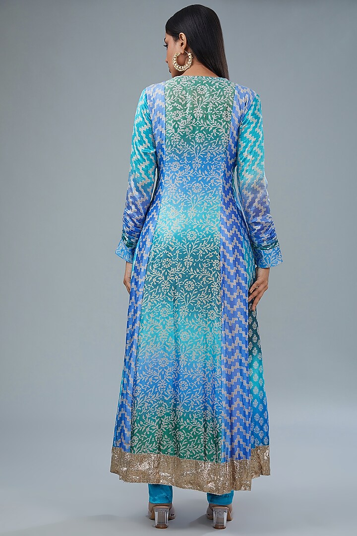 Blue Silk Block Printed Kurta Set by Prisha's at Pernia's Pop Up Shop
