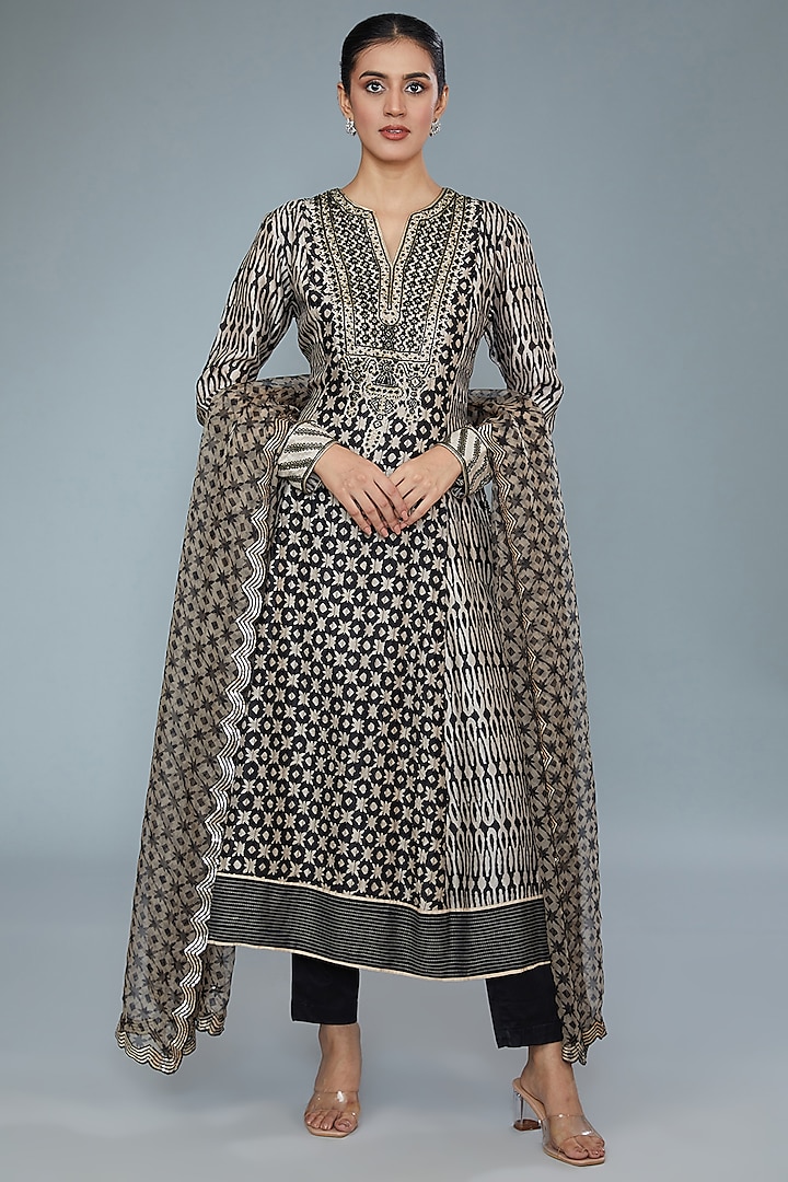 Black & Beige Kora Silk Block Printed Anarkali Set by Prisha's at Pernia's Pop Up Shop