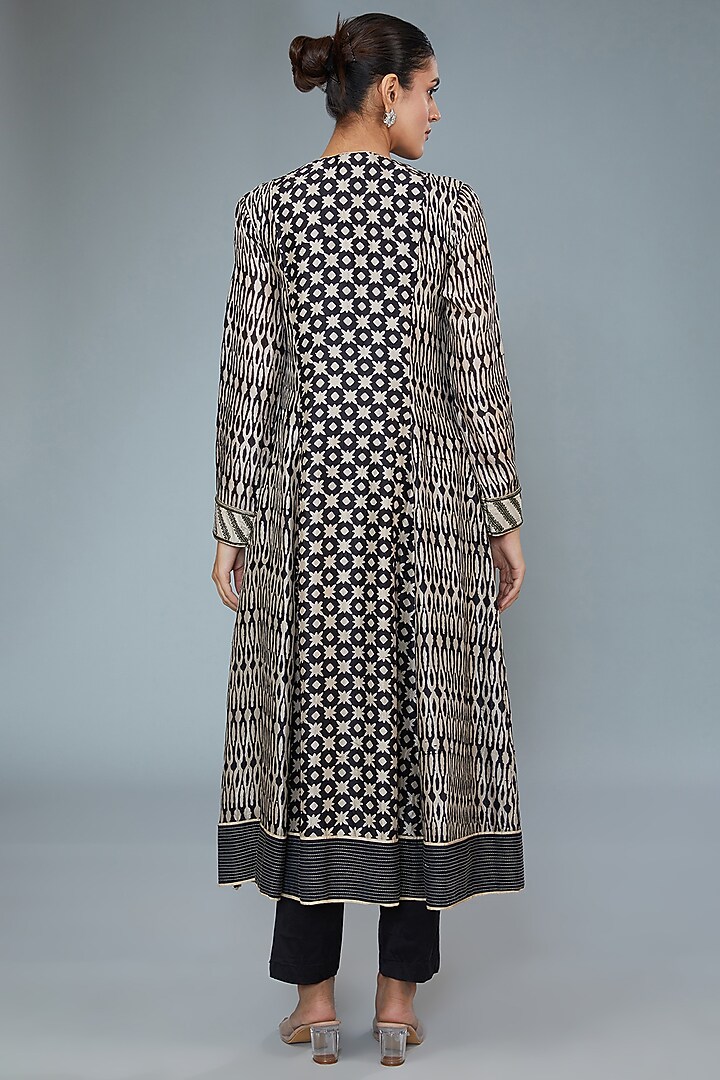Black & Beige Kora Silk Block Printed Wedding Anarkali Set by Prisha's at Pernia's Pop Up Shop