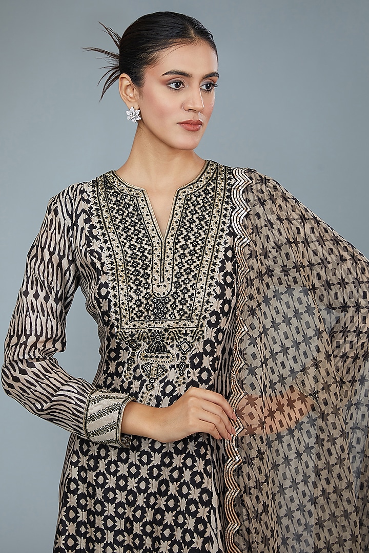 Black & Beige Kora Silk Block Printed Wedding Anarkali Set by Prisha's at Pernia's Pop Up Shop