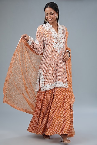 Rust Kora Silk Printed Sharara Set by Prisha's