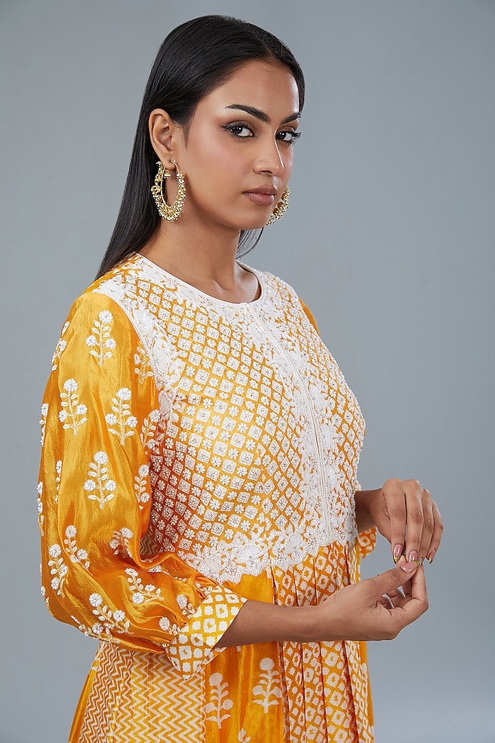 Orange Kora Silk Block Printed Box Pleated Kurta Set by Prisha's at Pernia's Pop Up Shop