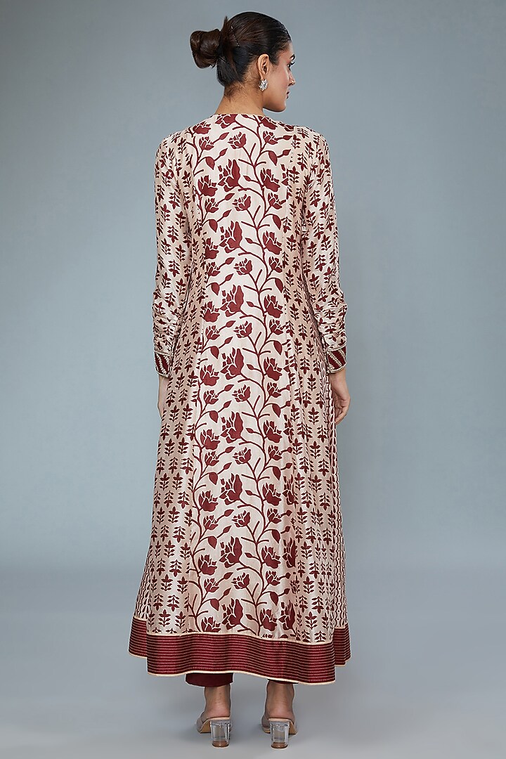 Maroon Kora Silk Block Printed Kurta Set by Prisha's at Pernia's Pop Up Shop