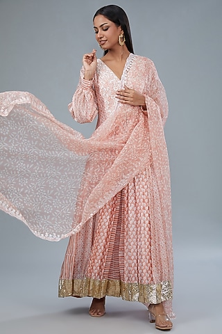 Pink Kora Silk Block Printed Kurta Set by Prisha's
