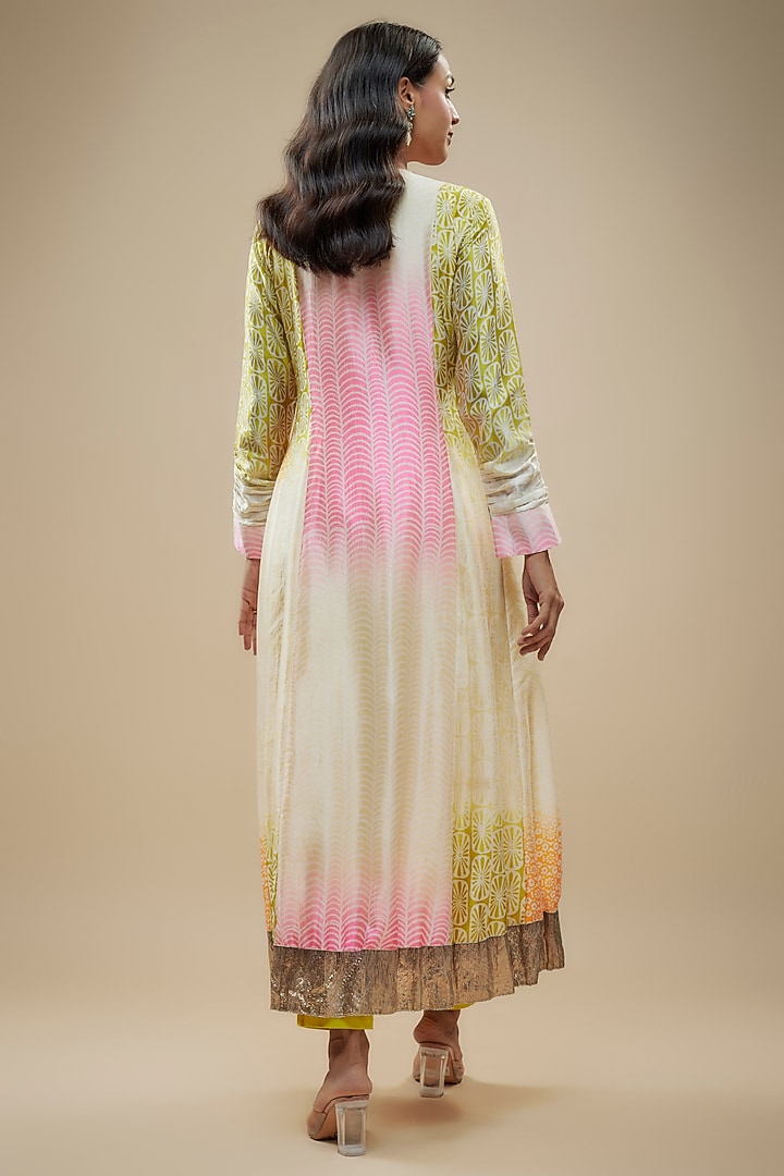 Multi-Colored Silk Zardosi Embroidered & Block Printed Kurta Set by Prisha's at Pernia's Pop Up Shop