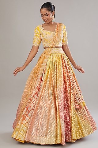 Yellow-Orange Banarasi Hand Embroidered Lehenga Set by Prisha's