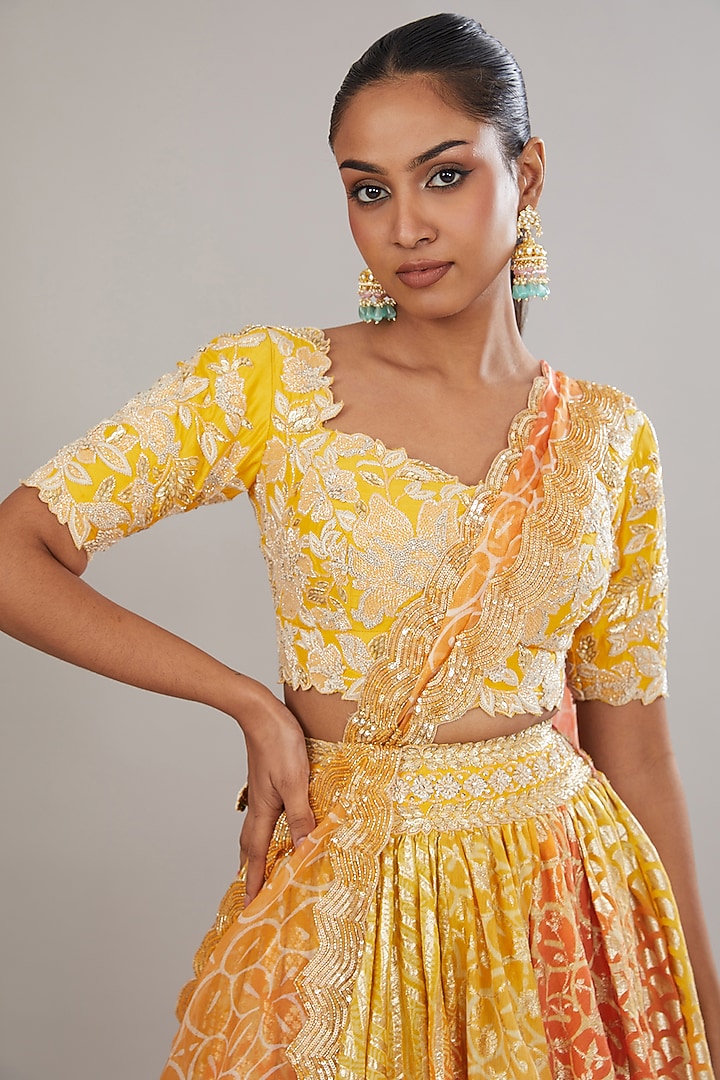 Yellow-Orange Banarasi Hand Embroidered Wedding Lehenga Set by Prisha's at Pernia's Pop Up Shop
