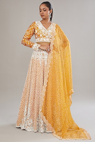Gold Kora Silk Printed & Hand Embroidered Lehenga Set by Prisha's