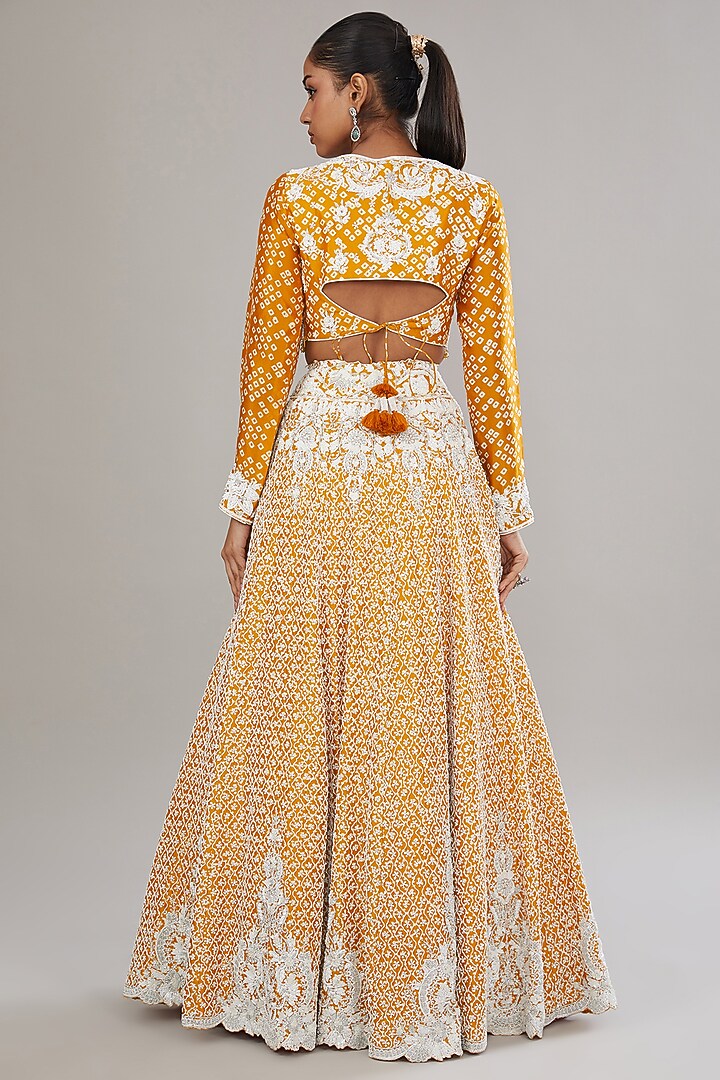 Gold Kora Silk Printed & Hand Embroidered Bridal Lehenga Set by Prisha's at Pernia's Pop Up Shop