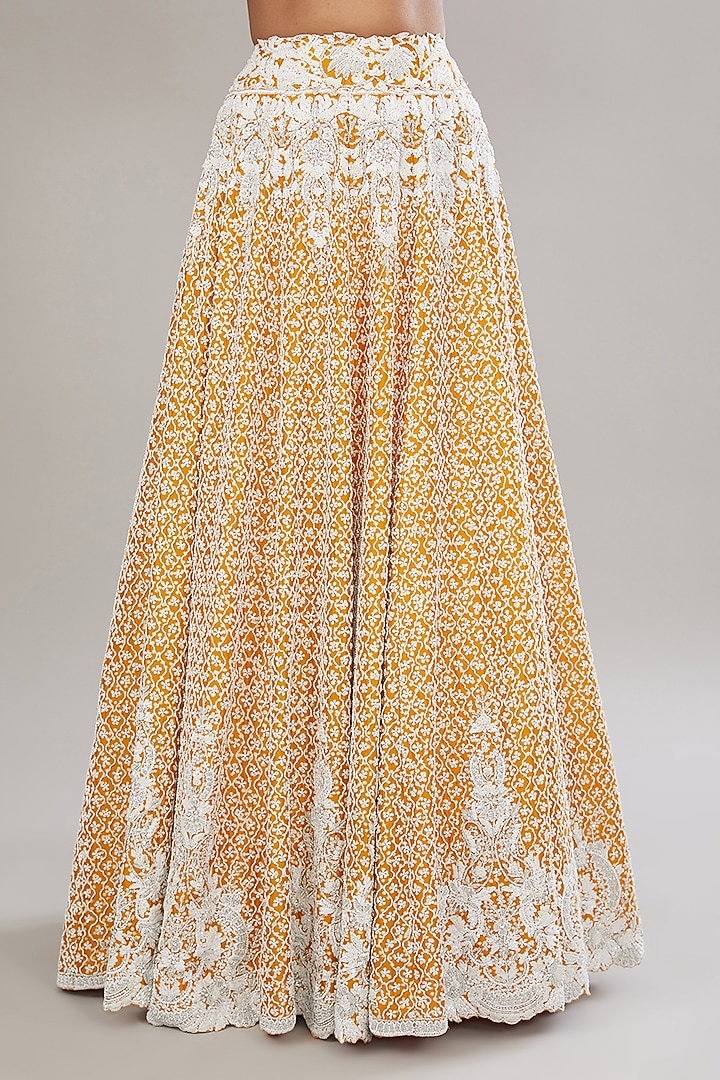 Gold Kora Silk Printed & Hand Embroidered Bridal Lehenga Set by Prisha's at Pernia's Pop Up Shop