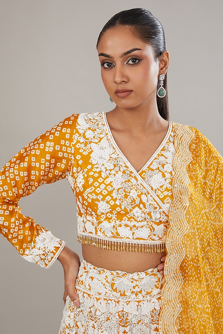Gold Kora Silk Printed & Hand Embroidered Bridal Lehenga Set by Prisha's at Pernia's Pop Up Shop