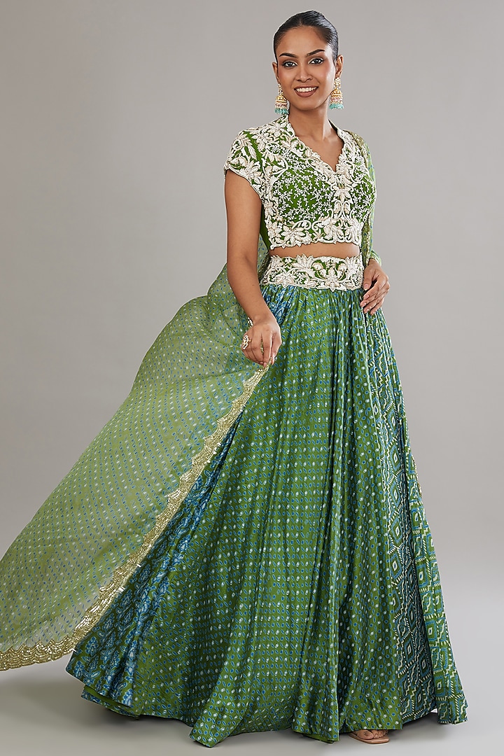 Green Kora Silk Ajrakh Printed Wedding Lehenga Set by Prisha's at Pernia's Pop Up Shop