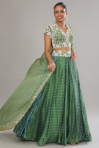 Green Kora Silk Ajrakh Printed Lehenga Set by Prisha's