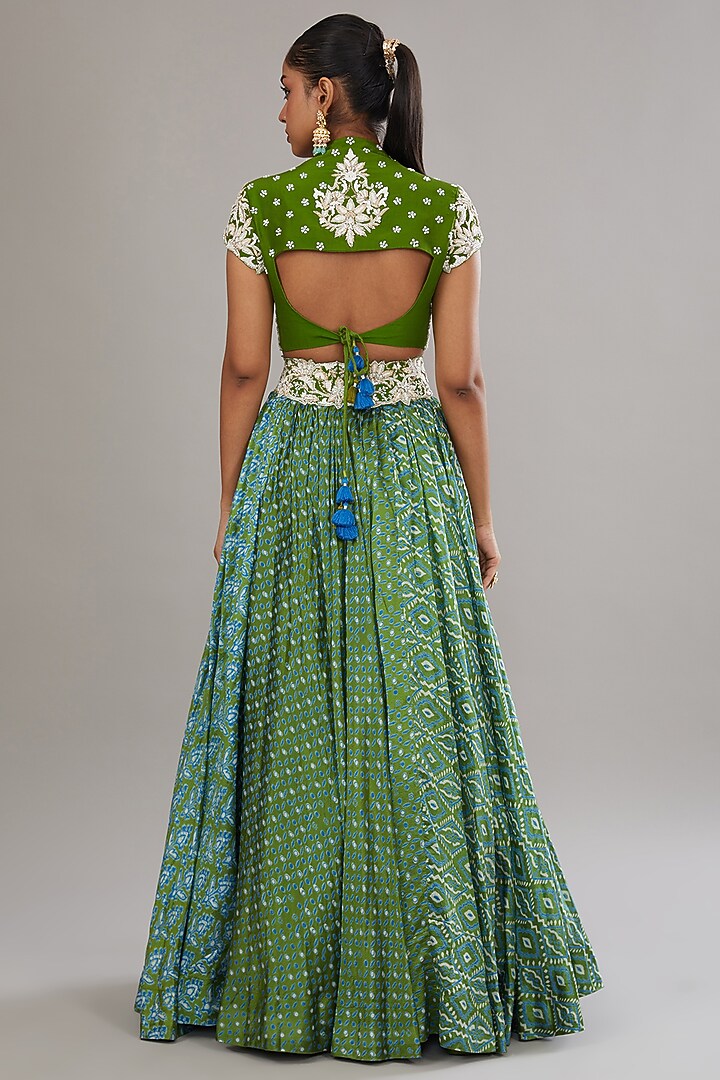 Green Kora Silk Ajrakh Printed Wedding Lehenga Set by Prisha's at Pernia's Pop Up Shop