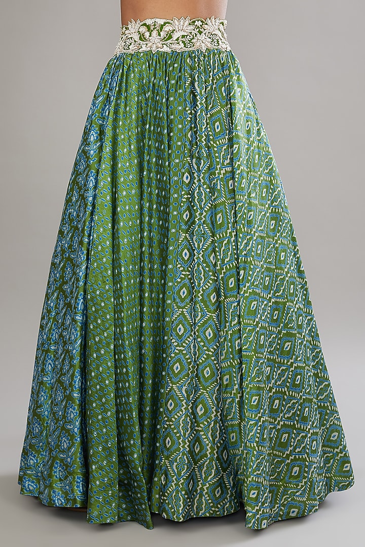 Green Kora Silk Ajrakh Printed Wedding Lehenga Set by Prisha's at Pernia's Pop Up Shop