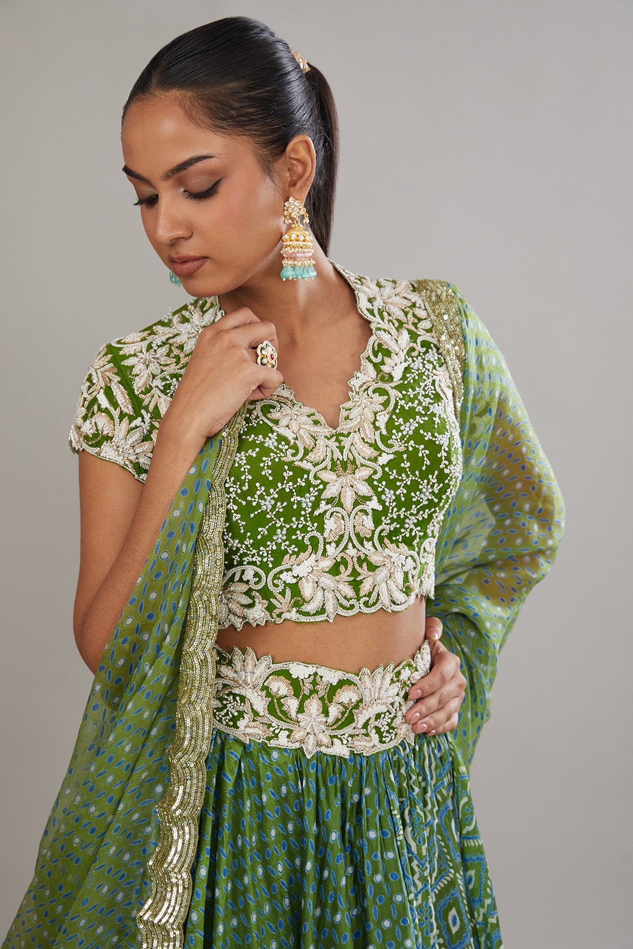 Green Kora Silk Ajrakh Printed Wedding Lehenga Set by