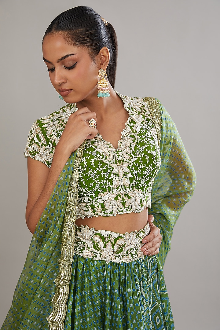 Green Kora Silk Ajrakh Printed Wedding Lehenga Set by Prisha's at Pernia's Pop Up Shop