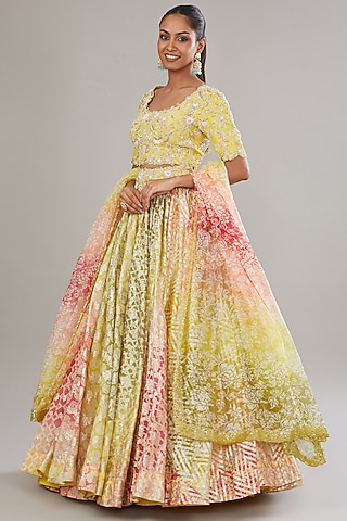 Multi-Colored Chanderi Banarasi Hand Embroidered Lehenga Set by Prisha's