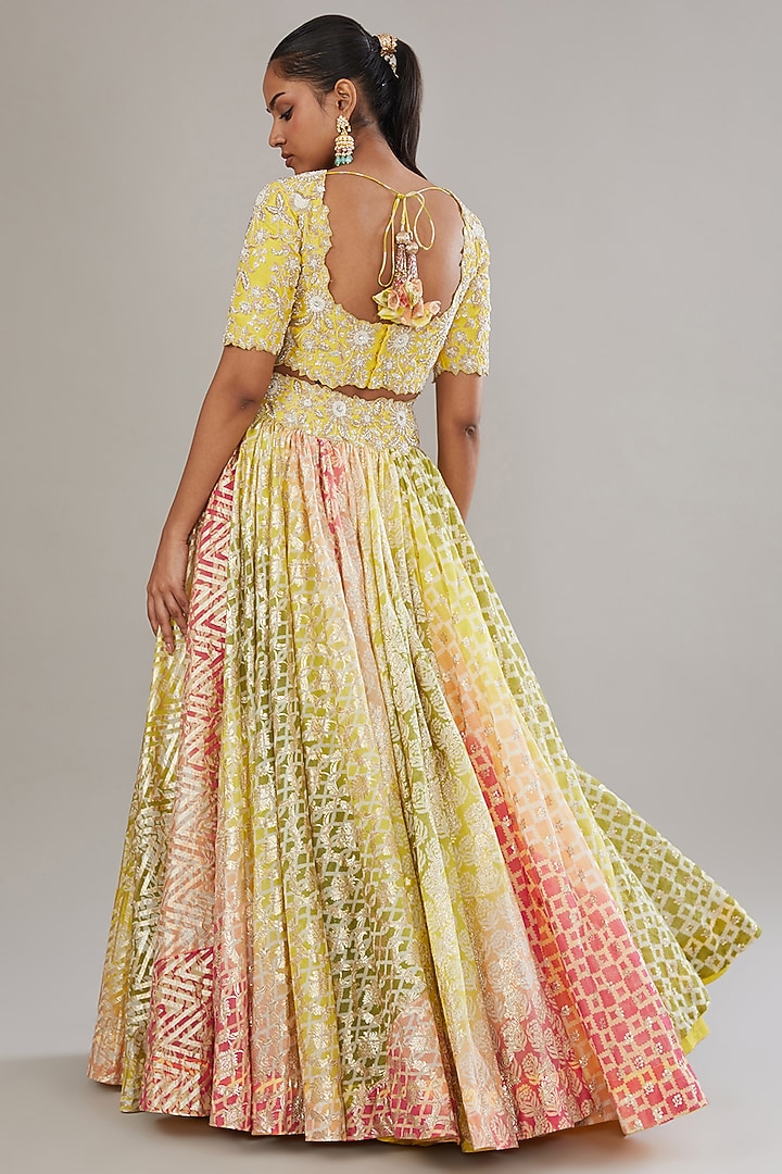 Multi-Colored Chanderi Banarasi Hand Embroidered Wedding Lehenga Set by Prisha's at Pernia's Pop Up Shop