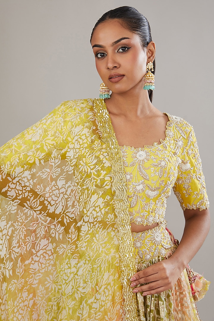 Multi-Colored Chanderi Banarasi Hand Embroidered Wedding Lehenga Set by Prisha's at Pernia's Pop Up Shop