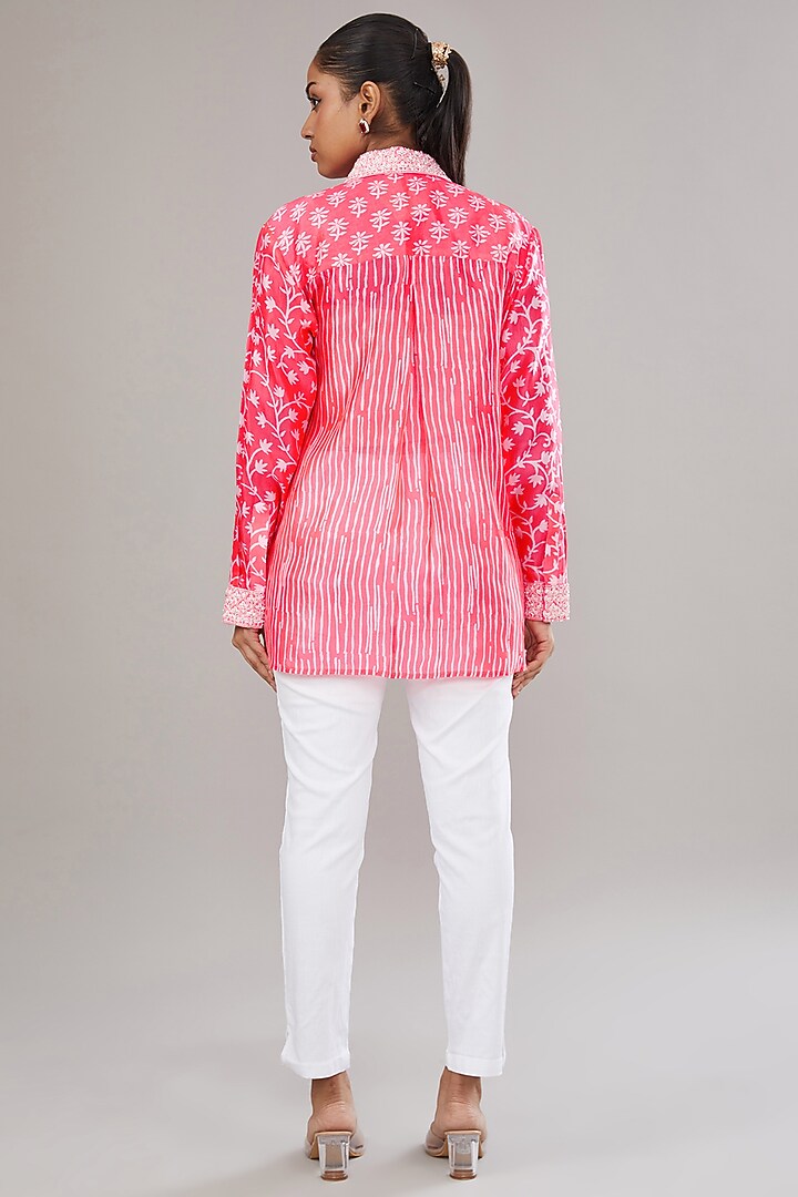 Neon Pink Kora Silk Block Printed & Hand Embroidered Shirt by Prisha's at Pernia's Pop Up Shop