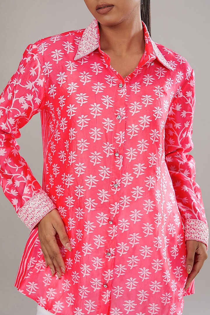 Neon Pink Kora Silk Block Printed & Hand Embroidered Shirt by Prisha's at Pernia's Pop Up Shop