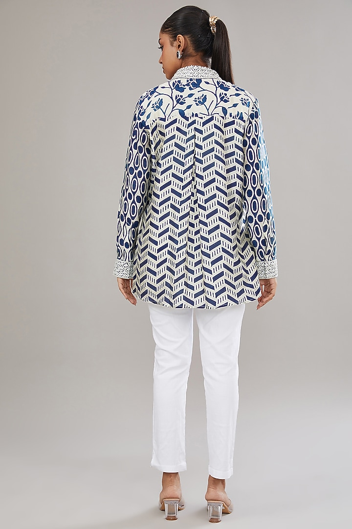 Off-White & Indigo Kora Silk Block Printed Shirt by Prisha's at Pernia's Pop Up Shop