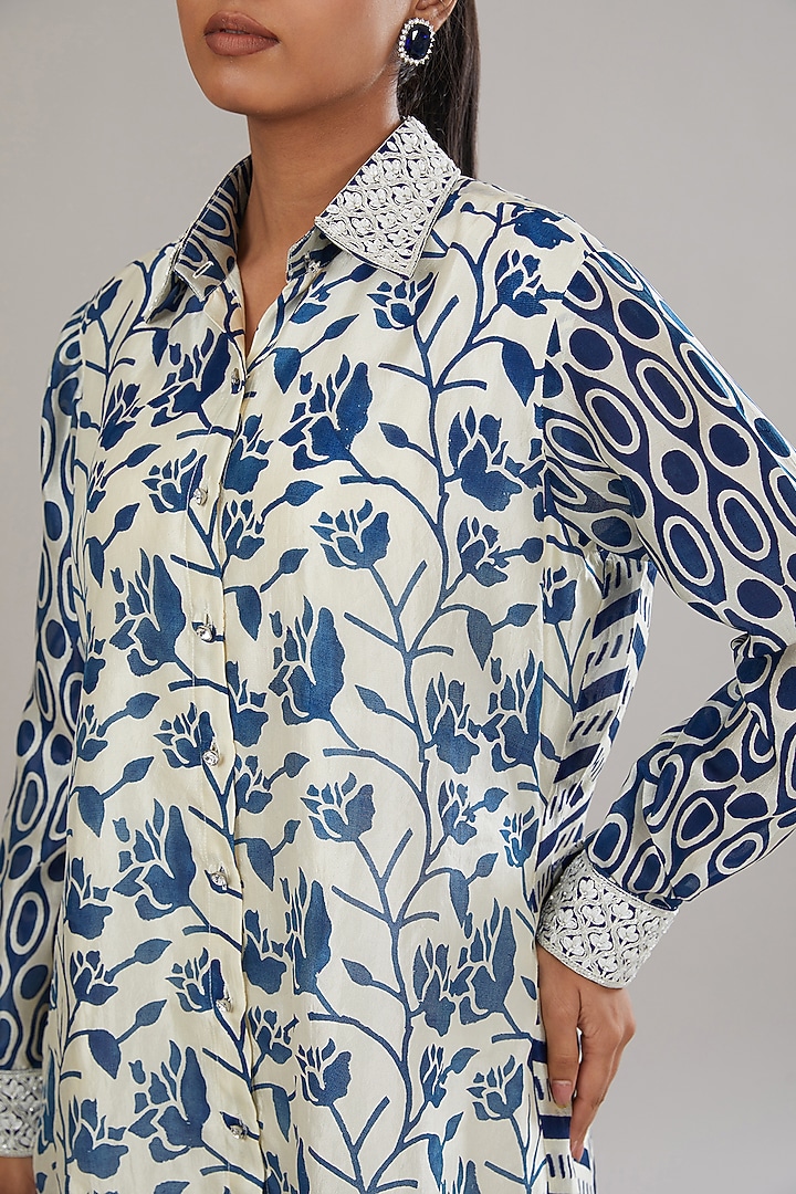 Off-White & Indigo Kora Silk Block Printed Shirt by Prisha's at Pernia's Pop Up Shop