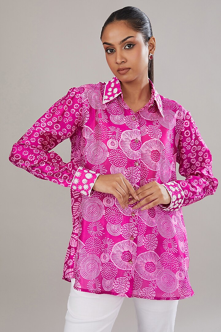 Pink Kora Silk Block Printed & Hand Embroidered Shirt by Prisha's