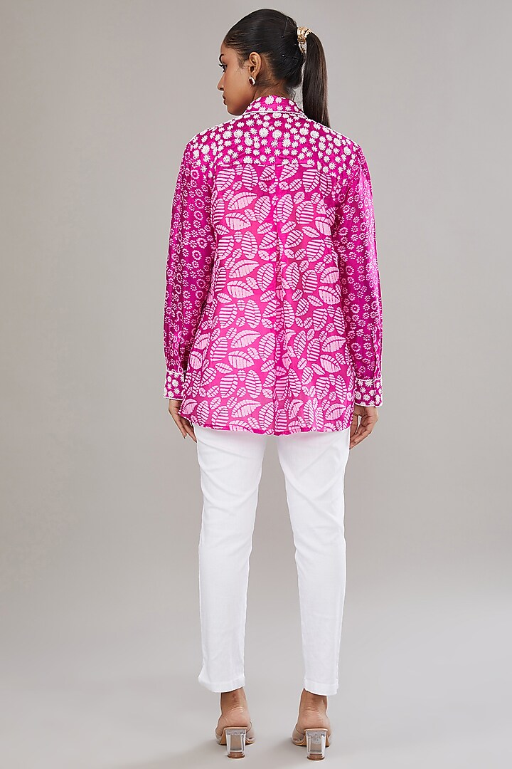 Pink Kora Silk Block Printed & Hand Embroidered Shirt by Prisha's at Pernia's Pop Up Shop