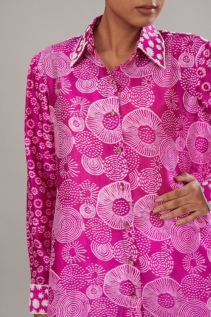 Pink Kora Silk Block Printed & Hand Embroidered Shirt by Prisha's at Pernia's Pop Up Shop