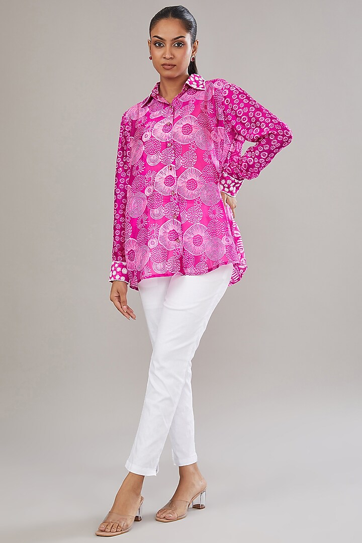 Pink Kora Silk Block Printed & Hand Embroidered Shirt by Prisha's at Pernia's Pop Up Shop