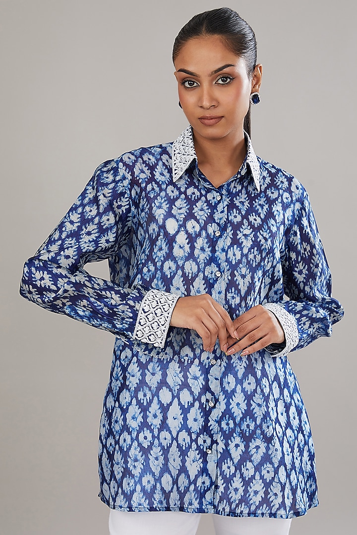 Indigo Kora Silk Block Printed & Hand Embroidered Shirt by Prisha's