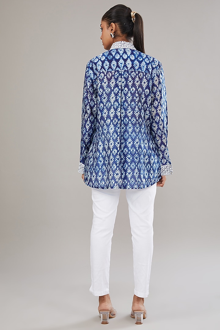 Indigo Kora Silk Block Printed & Hand Embroidered Shirt by Prisha's at Pernia's Pop Up Shop