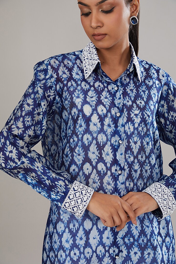 Indigo Kora Silk Block Printed & Hand Embroidered Shirt by Prisha's at Pernia's Pop Up Shop