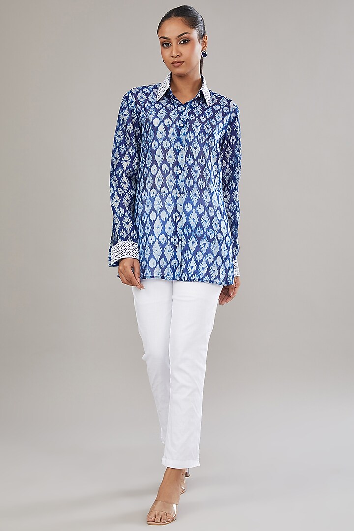 Indigo Kora Silk Block Printed & Hand Embroidered Shirt by Prisha's at Pernia's Pop Up Shop