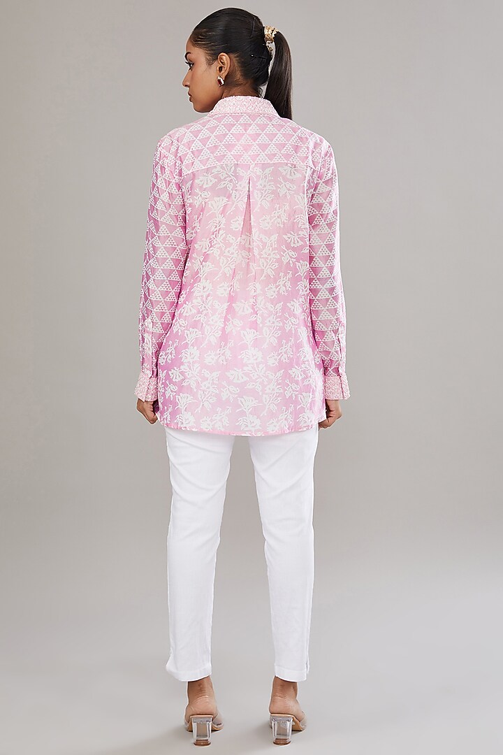 Pink Kora Silk Block Printed & Hand Embroidered Shirt by Prisha's at Pernia's Pop Up Shop