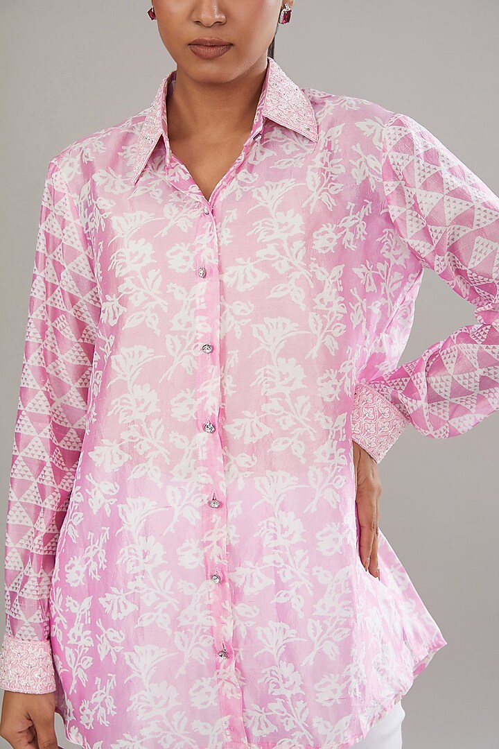 Pink Kora Silk Block Printed & Hand Embroidered Shirt by Prisha's at Pernia's Pop Up Shop